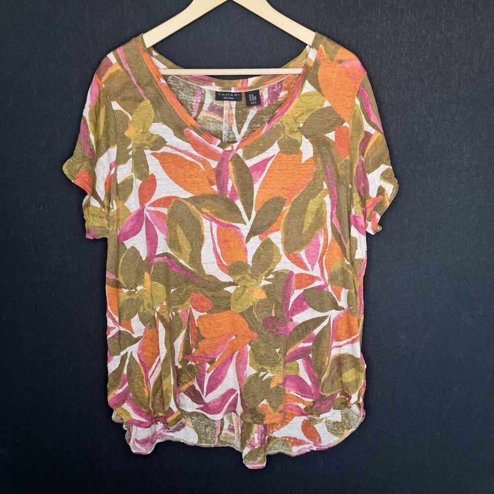 💙 Tahari 100% Linen Floral Lightweight Shirt Size XL/2X Summer Tropical Casual
